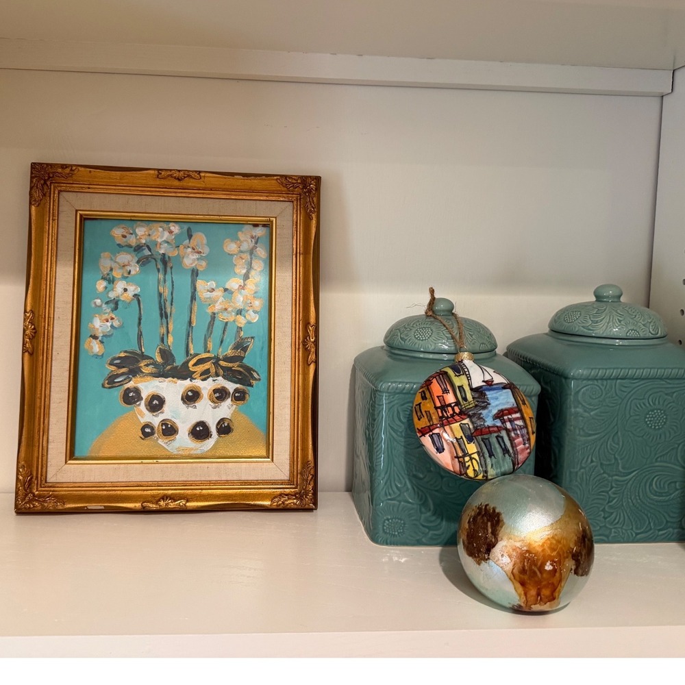 Original Floral Still Life Painting Vintage Ornate Gold Frame Turquoise Art